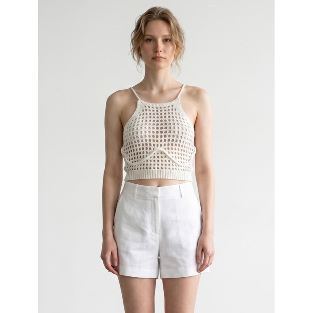 THE SANG White Crochet Lace Up Back Crop Top Halter Knit Medium